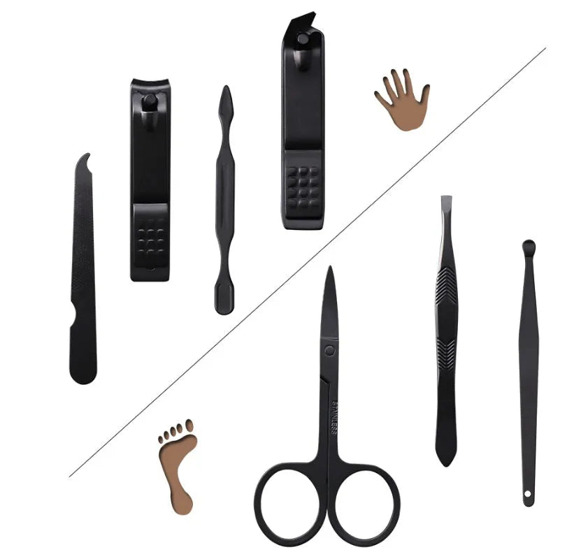 7-piece metal nail clippers manicure set with eyebrow scissors and nail file on white background