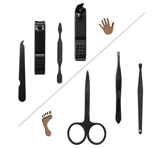7-piece metal nail clippers manicure set with eyebrow scissors and nail file on white background
