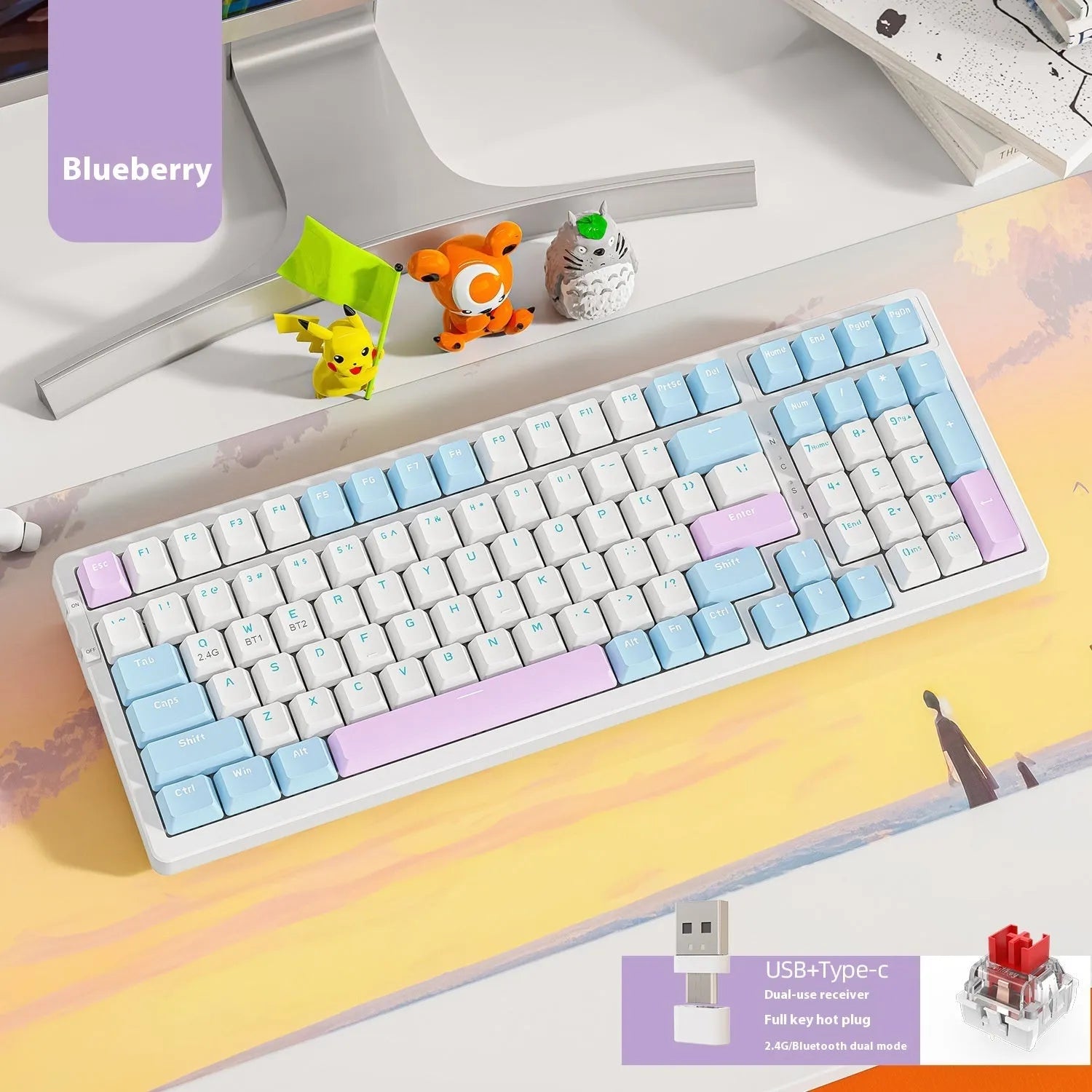 K96 Bluetooth dual-mode mechanical keyboard with red switches in blueberry, cheese, lemon, and shimmer colour options