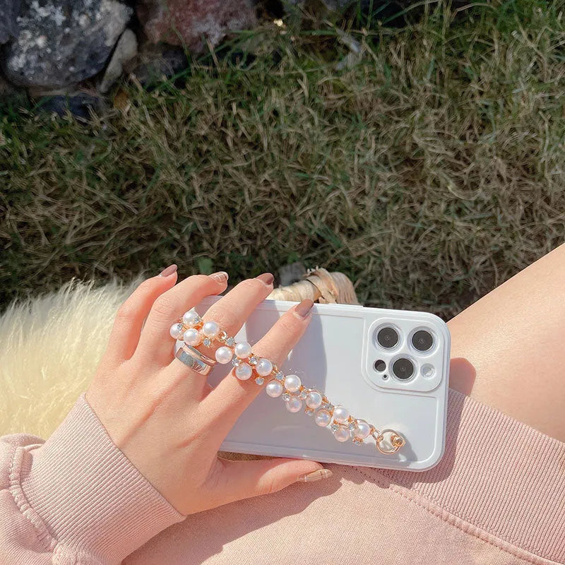 Rhinestone pearl bracelet phone case for iPhone 12 Pro Max, soft silicone, pink white, female style