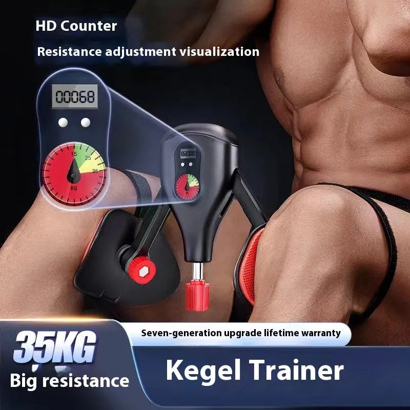 Men's Kegel trainer for PC muscle exercise in black or grey, shown with optional straps and handle.