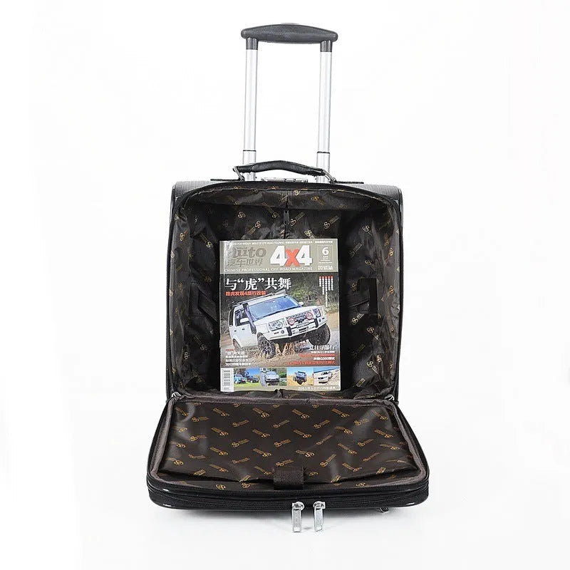 18-inch black or brown PU leather business case with combination lock and airplane wheels