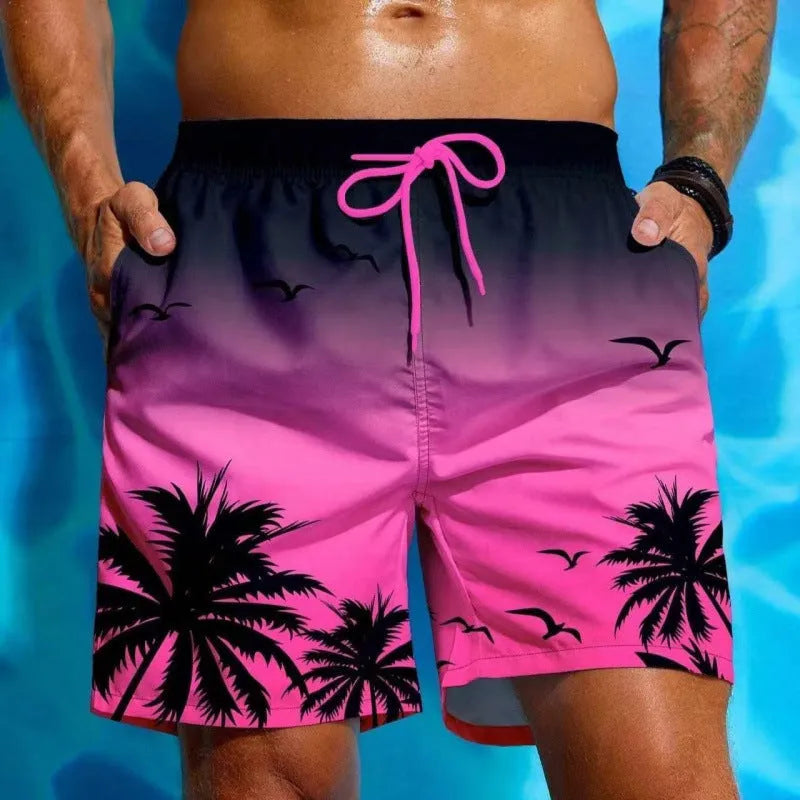 Men's loose board swimming trunks in an ethnic style, made from blue polyester fabric, shown on a size chart.
