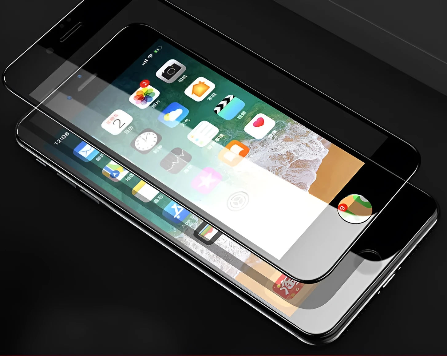 iPhone tempered glass screen protector with black soft edge shown on a phone