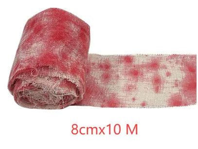 Roll of Halloween horror bandage in bloody red colour with a frayed end, showing its 8cm width and cloth-like polyester texture.