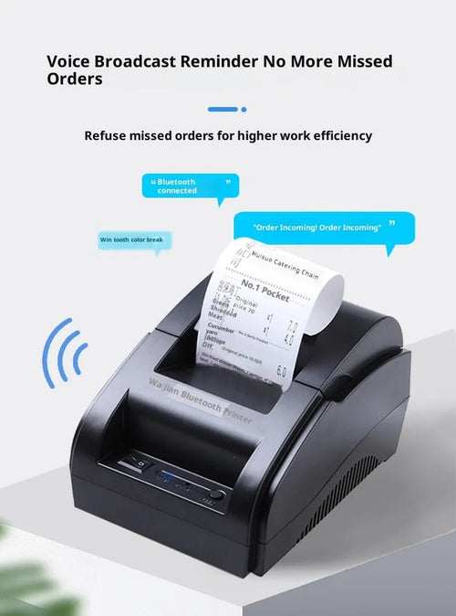 58mm black Bluetooth thermal receipt printer for desktop use in supermarket or takeout