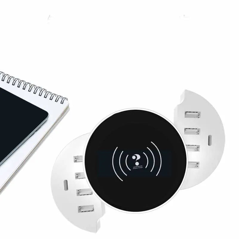 Circular white multi-port wireless charger with USB ports and international plug adapters