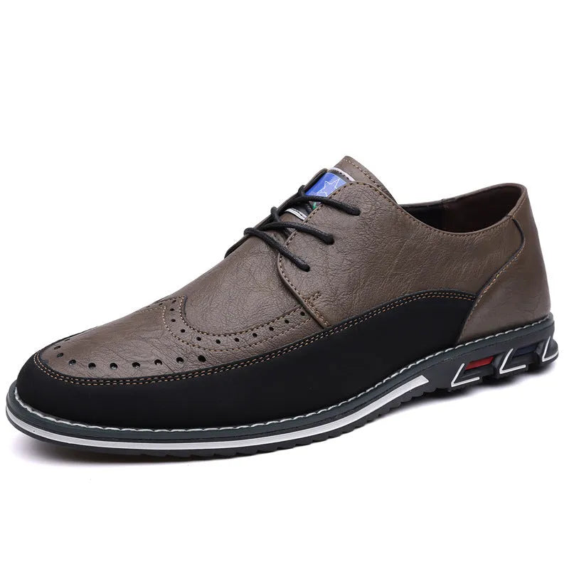 Men's casual low-top leather shoes with a fabric upper, leather toe cap, and rubber sole.