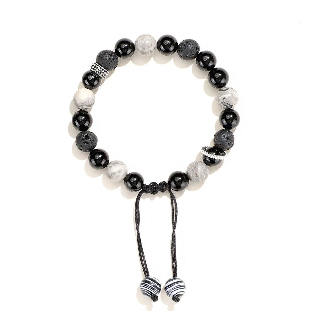 Black agate map stone bracelet with diamond shape design in New Chinese style.