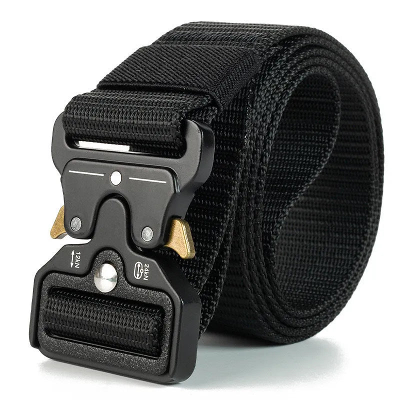 Men's thick canvas tactical belt with alloy release buckle in black colour, showing weaving flowers texture