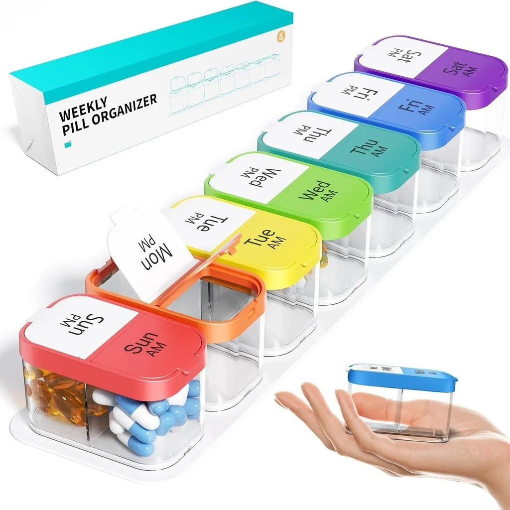 White and rainbow coloured extra large plastic pill organiser box with 14 removable compartments