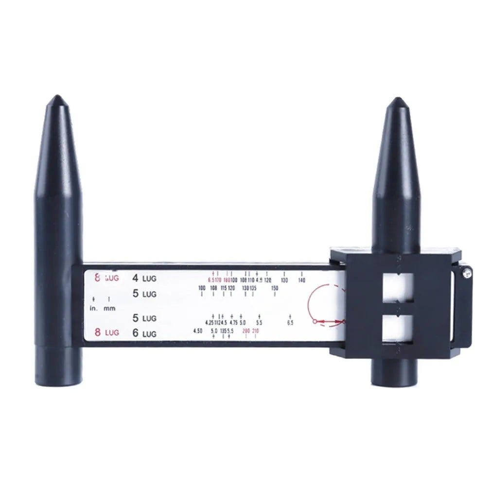 Digital hole distance measuring tool with electronic display, plastic caliper body shown next to a ruler for scale.