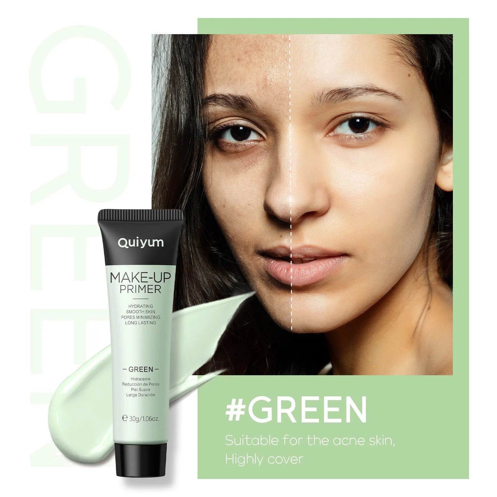 30g tube of colour correcting makeup primer showing green, pink, and purple shades