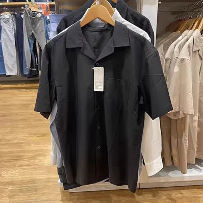 Men's beige modal cotton open collar casual shirt with Japanese Korean styling