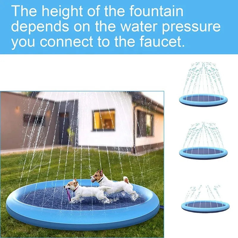 Large inflatable PVC dog pool splash pad with anti-slip base in a garden.