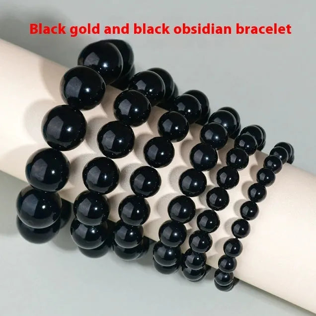 Hand-woven obsidian couple bracelet with year of birth symbols in ethnic style design
