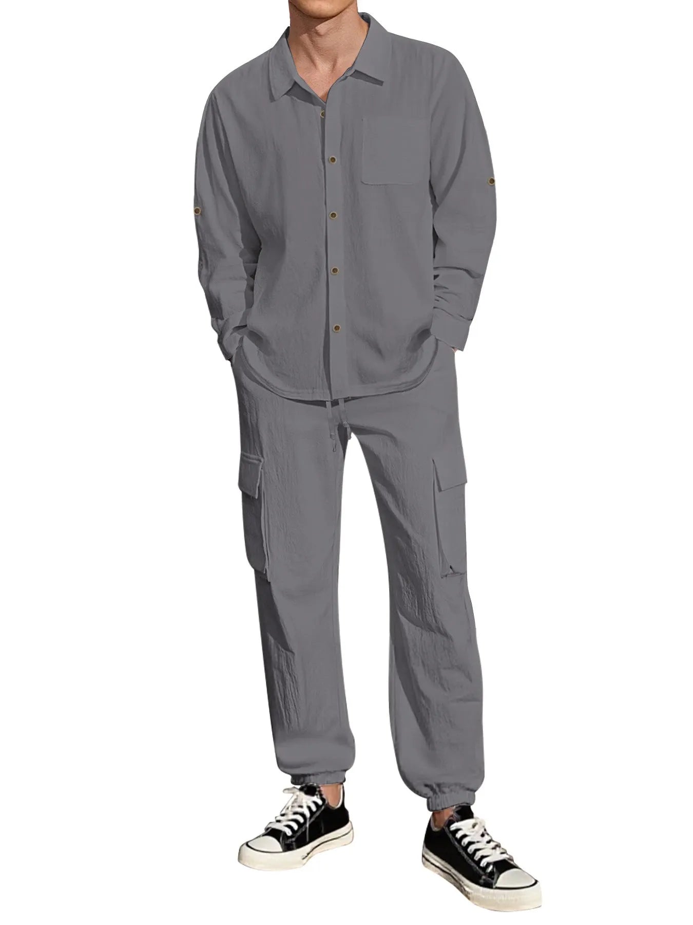 Long sleeve lapel linen shirt and trousers suit set for women in apricot colour on white background