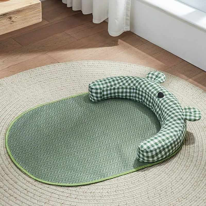 Four season pet bed mat with cooling ice pad in green colour, showing size comparison for small to extra large dogs and cats