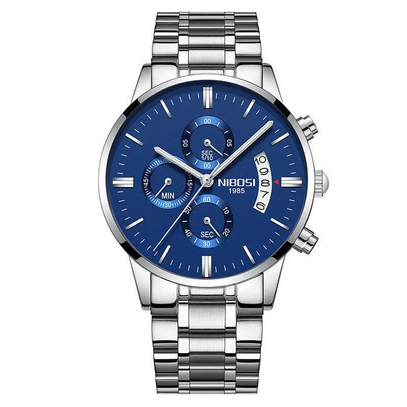 Men's watch with 43mm dial diameter, 11mm thickness, 22mm strap, quartz movement, stainless steel case