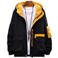 Men's thickened casual hooded coat in black, front view, polyester fibre fabric