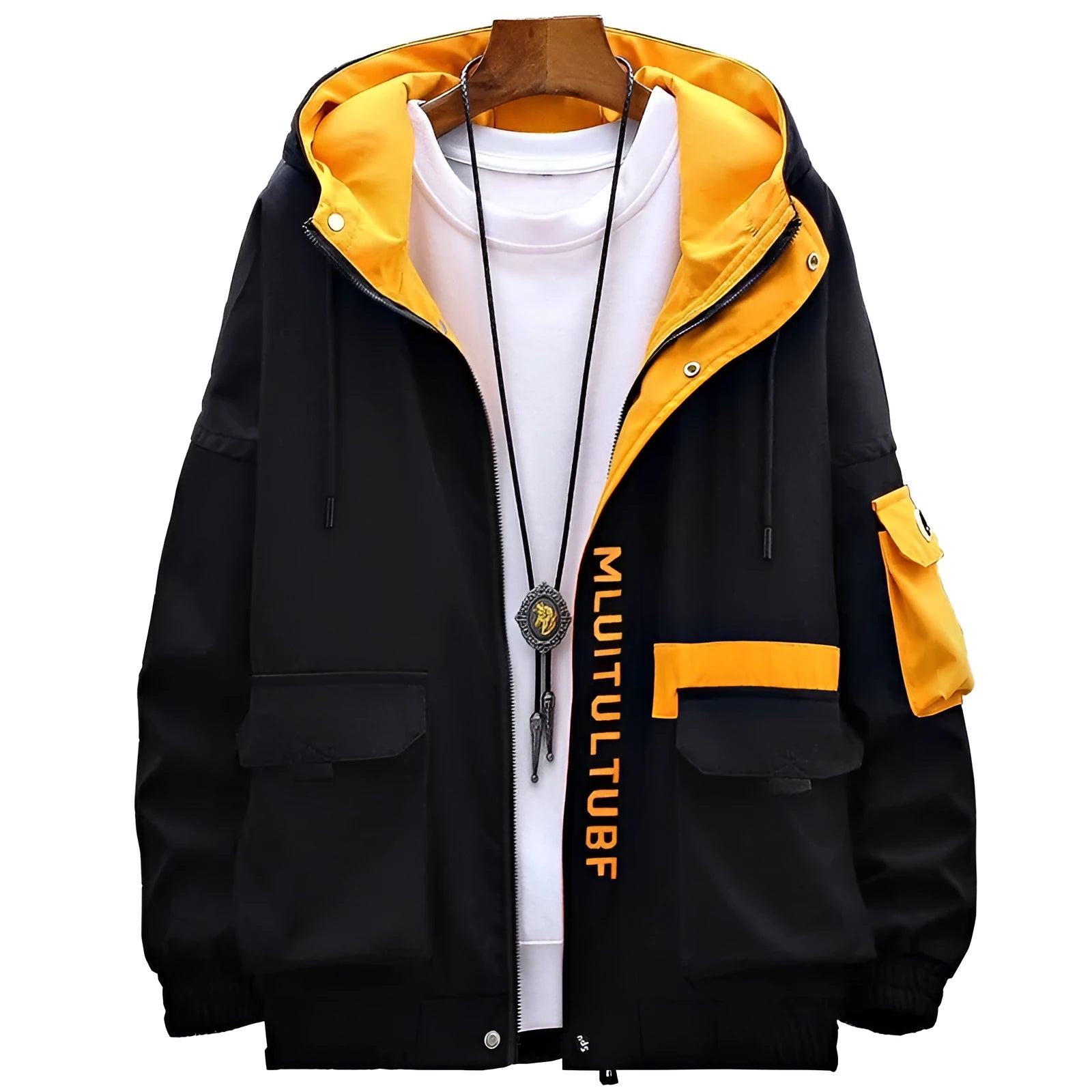 Men's thickened casual hooded coat in black, front view, polyester fibre fabric