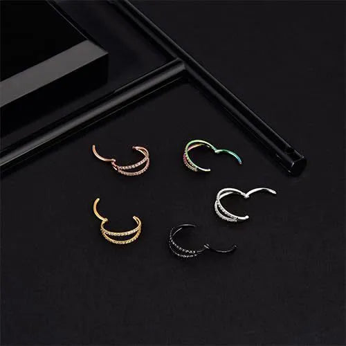 G23 titanium alloy lip ring nose ring with diamond treatment in steel or gold colour, showing puncture ring design