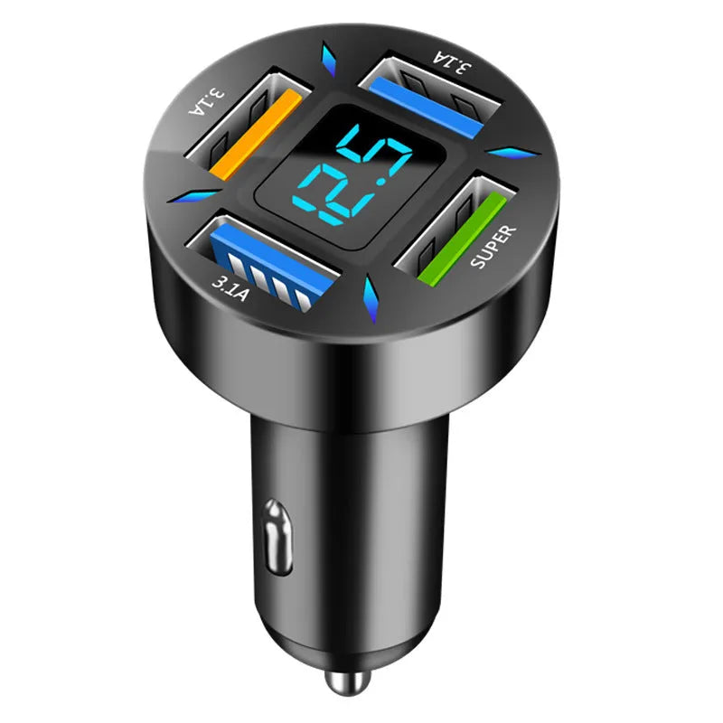 Four-port USB car charger with QC3.0 fast charging and LED voltage display for vehicles.