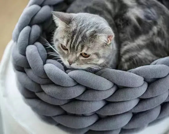 Round soft long plush cat house cushion in beige on a wooden floor, 40cm size option