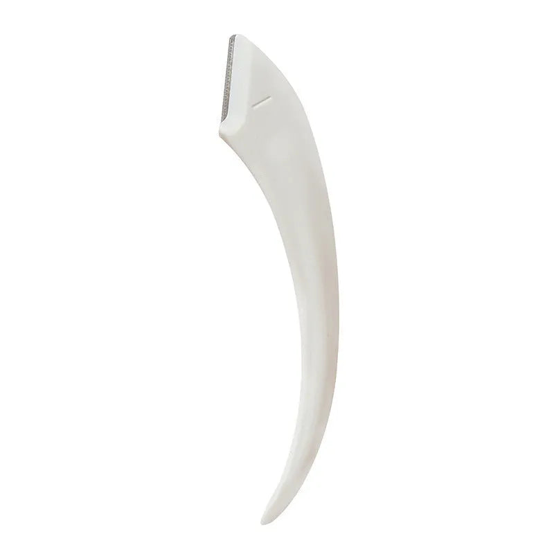 White and pink eyebrow trimmer with stainless steel blade and curved plastic comb