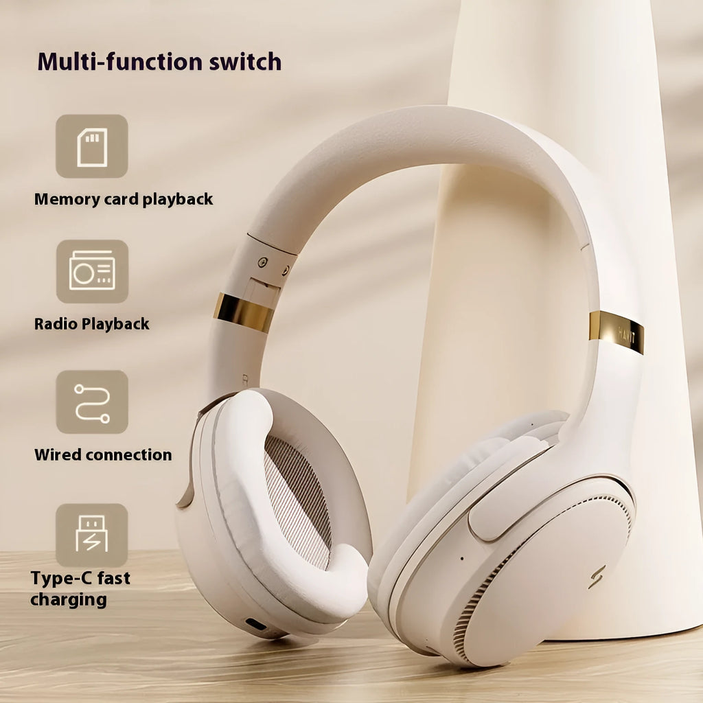 Wireless Bluetooth gaming headset in cream colour with head-mounted design for e-sports