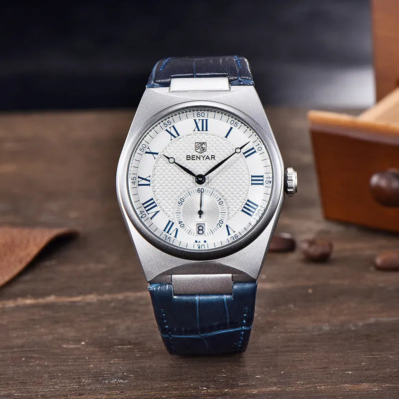 Men's quartz watch with white shell white surface, calendar, and waterproof build, 12mm thickness, business style