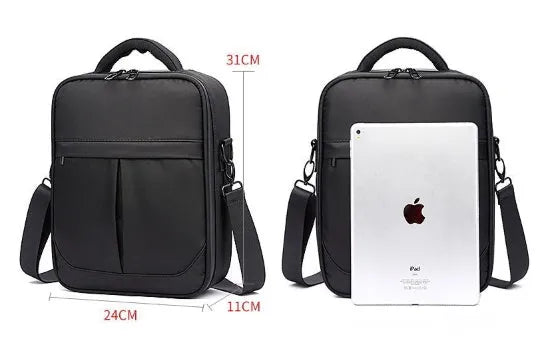 Black Oxford fabric men's messenger bag with shoulder strap showing dimensions