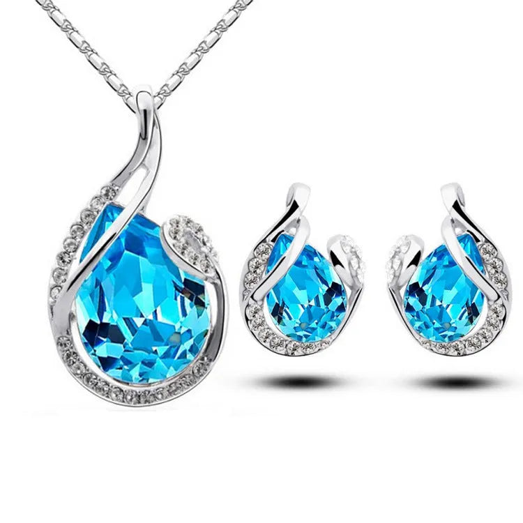 3pcs rhinestone necklace set with earrings, water-drop-shaped alloy electroplated jewellery, blue colour, 21-50cm adjustable chain
