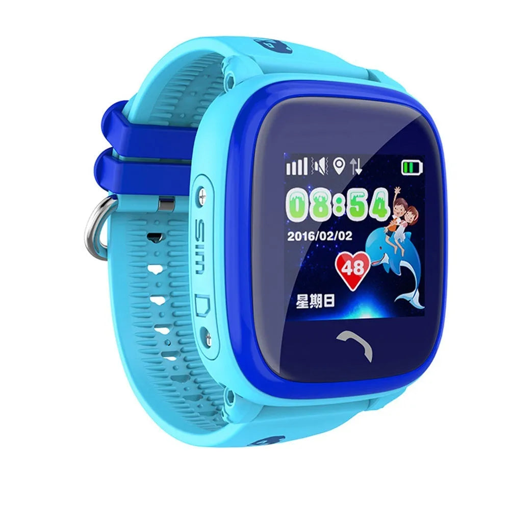 Blue DF25 children's waterproof smart watch with touch screen and silicone wristband on a wrist.