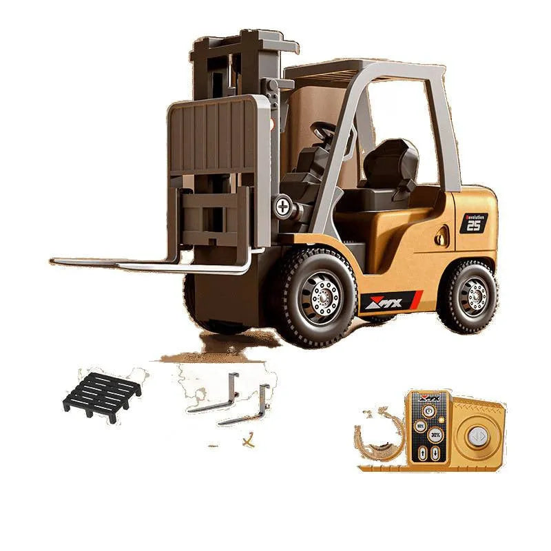 Mini alloy remote control forklift model with pallet and cargo hook accessories on 1:64 scale