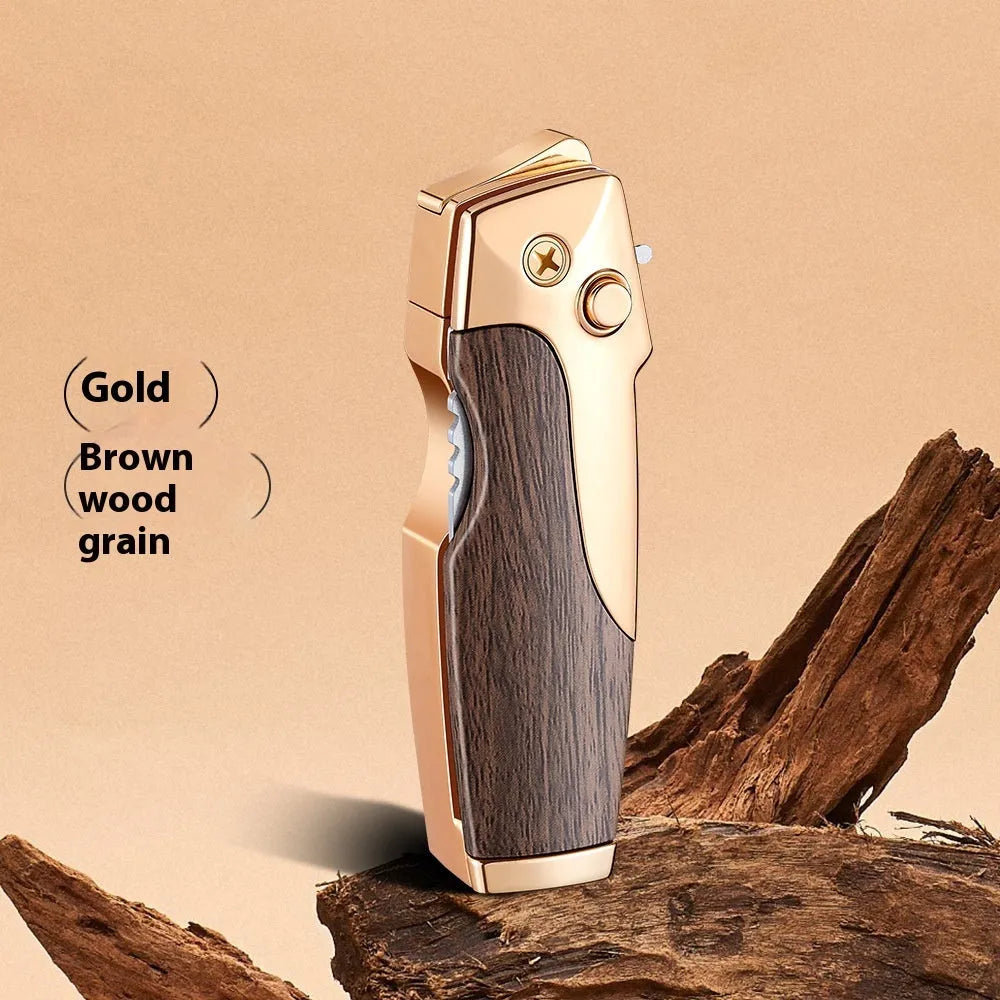 Metal folding outdoor lighter with integrated knife in a zinc alloy case, showing various colour options.
