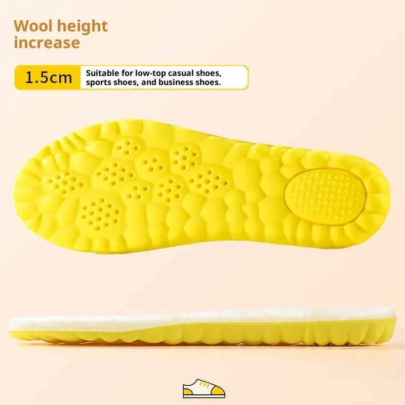 Wool fleece lined cloud height increasing insole in warm winter style, available in 1.5cm to 3.5cm heights, sizes 35-46
