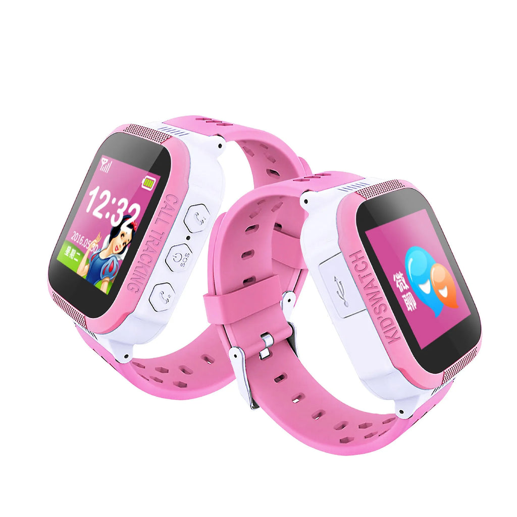 Blue and pink children's phone watch with 1.44 inch IPS screen showing dual language interface
