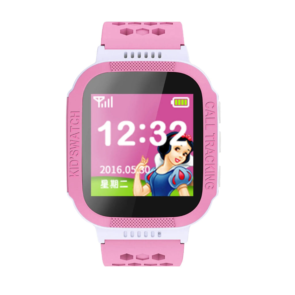 Blue and pink children's phone watch with 1.44 inch IPS screen showing dual language interface