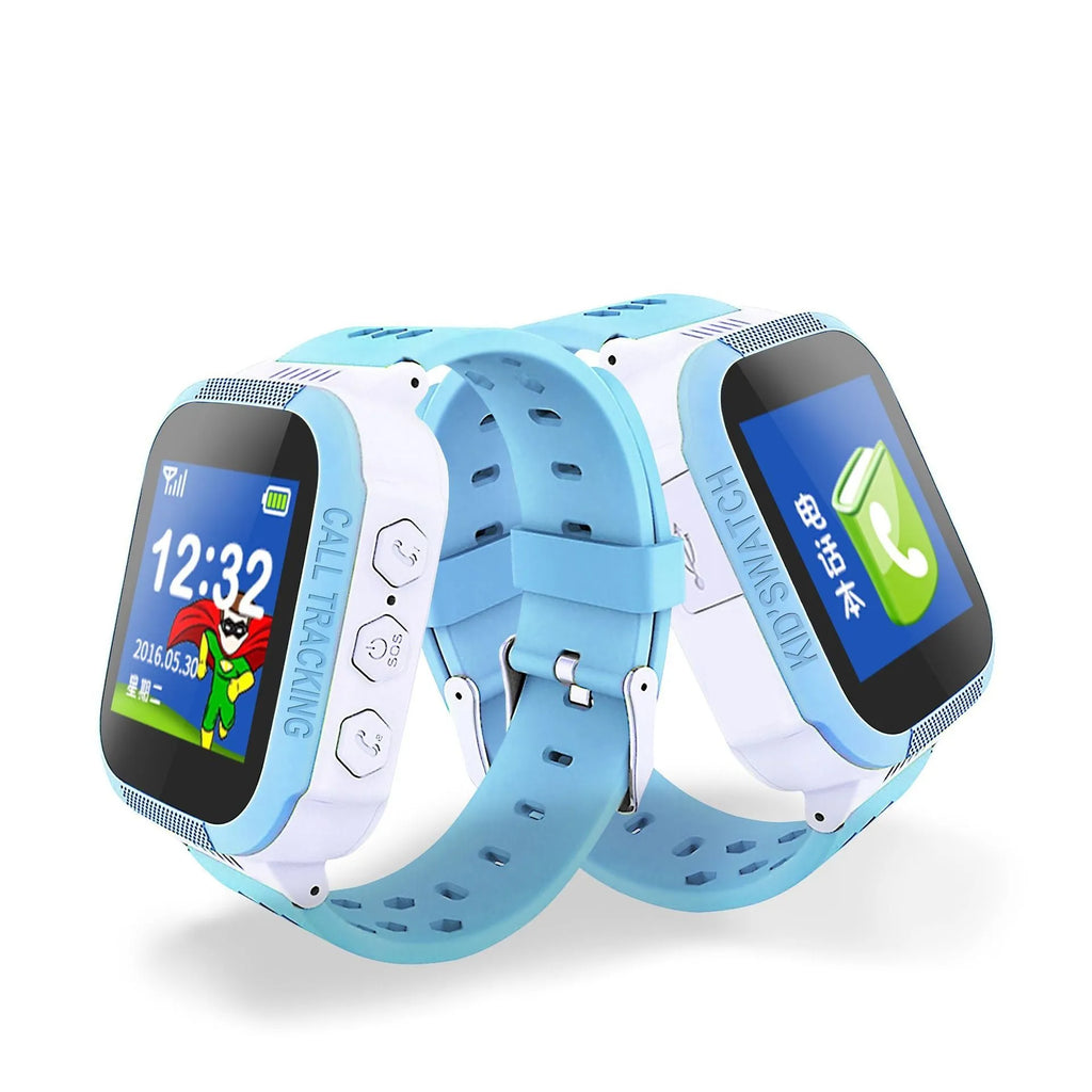 Blue and pink children's phone watch with 1.44 inch IPS screen showing dual language interface