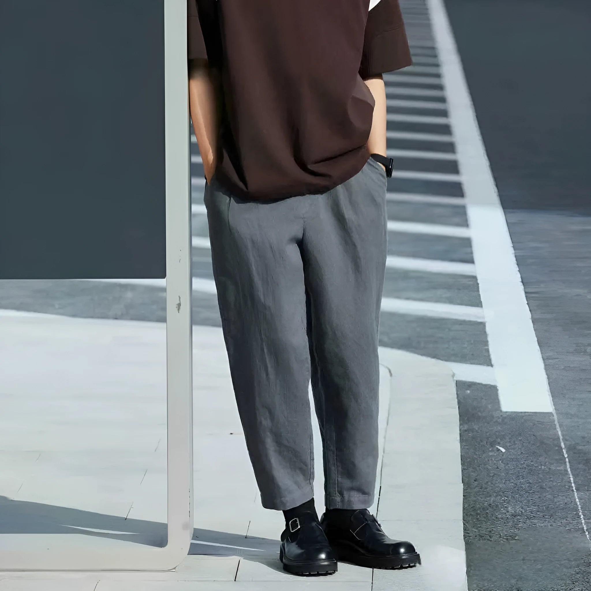 Men's loose straight casual trousers with drawstring waist in beige, black, green, grey or navy blue colours