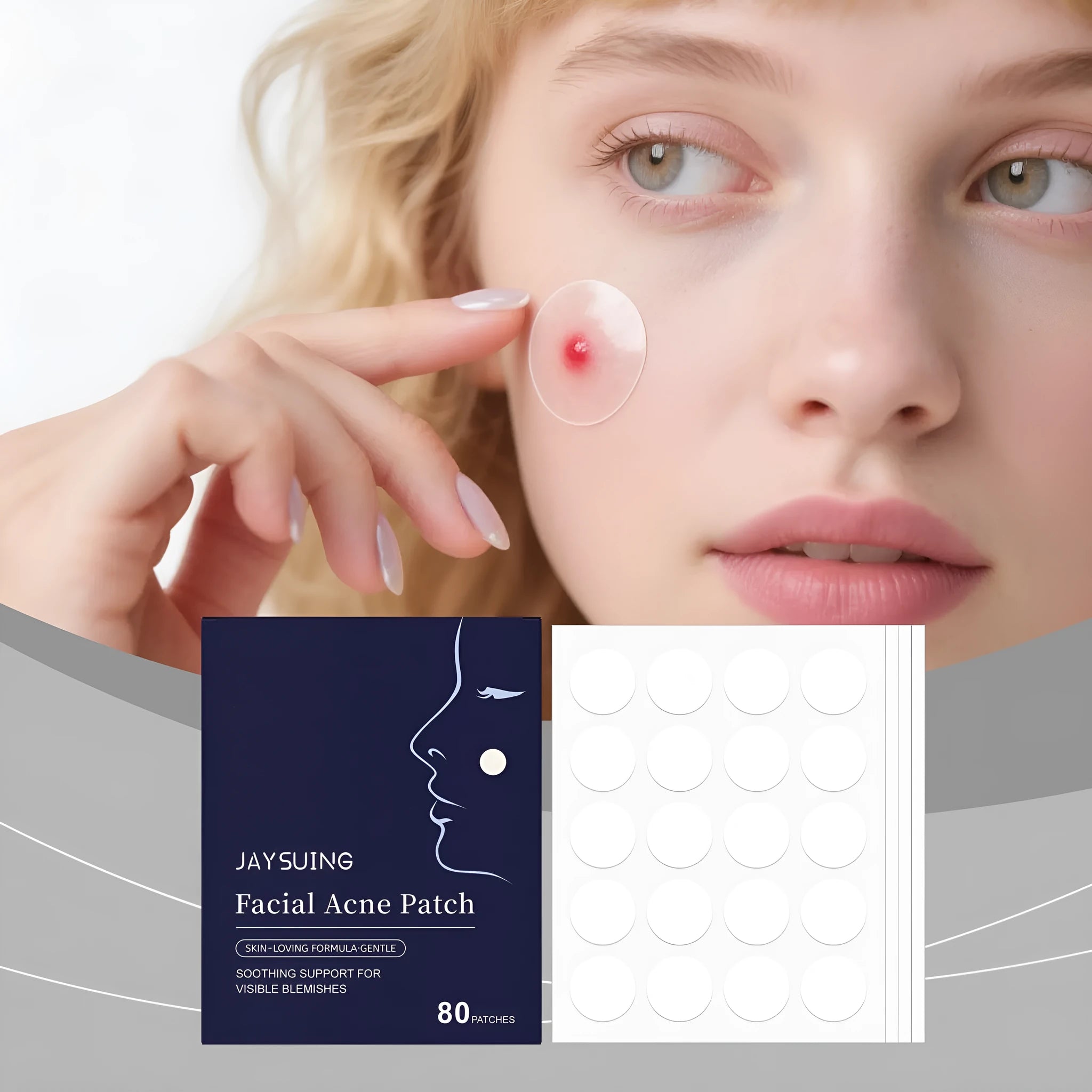 Package of 80 transparent hydrocolloid acne patches for facial blemish treatment.