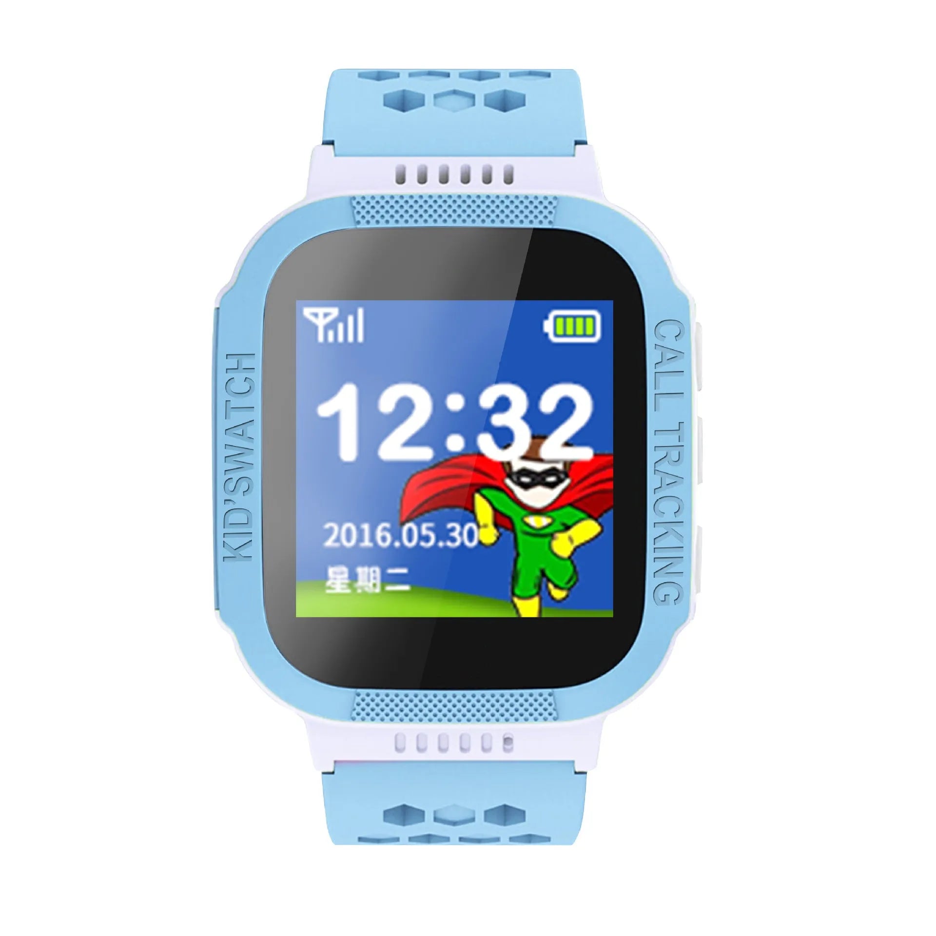 Blue and pink children's phone watch with 1.44 inch IPS screen showing dual language interface