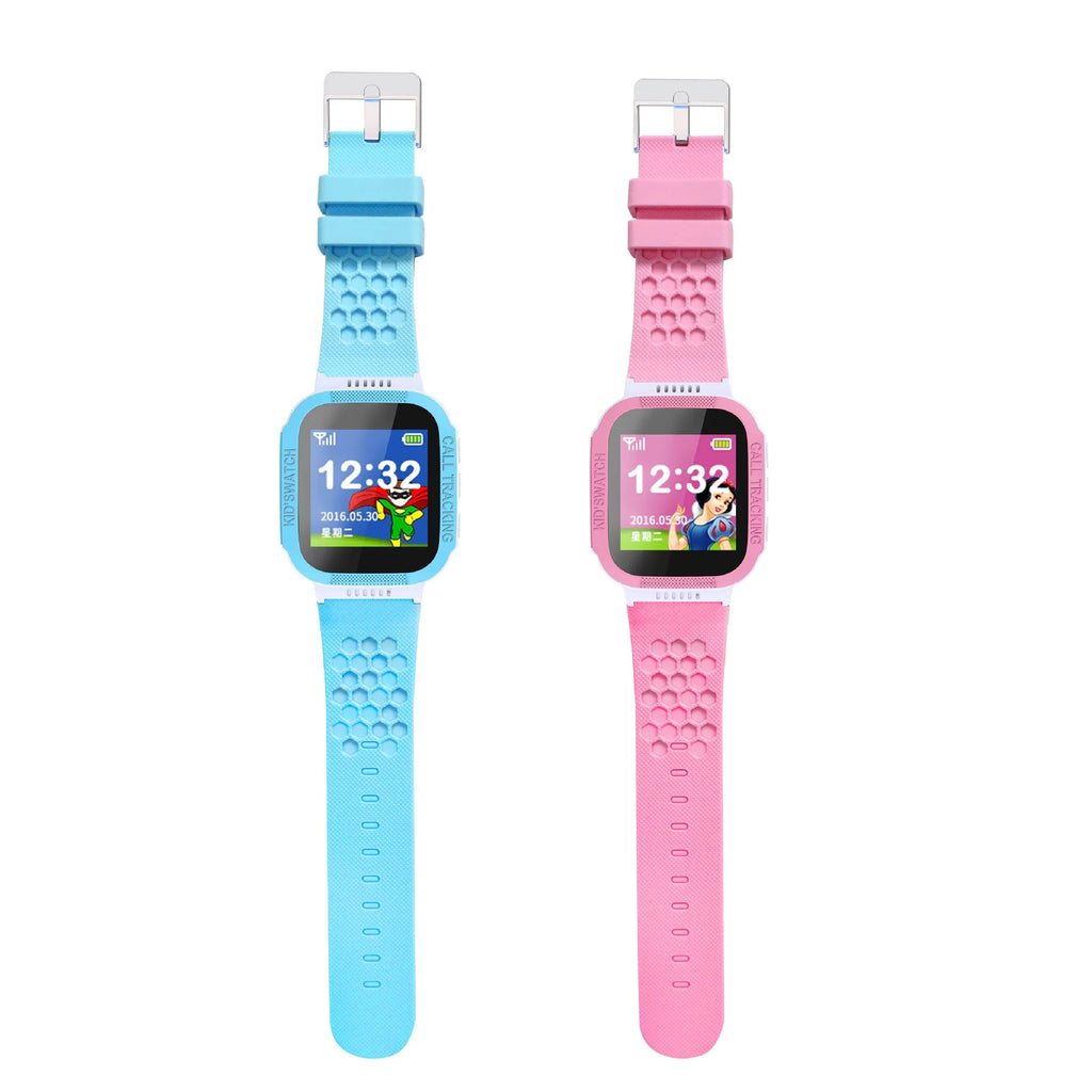 Blue and pink children's phone watch with 1.44 inch IPS screen showing dual language interface