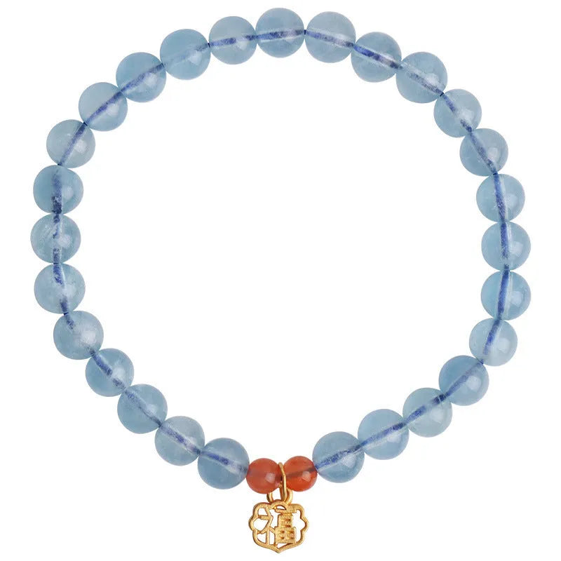 Women's natural ice transparent aquamarine crystal blessing card bracelet with 8mm round beads.