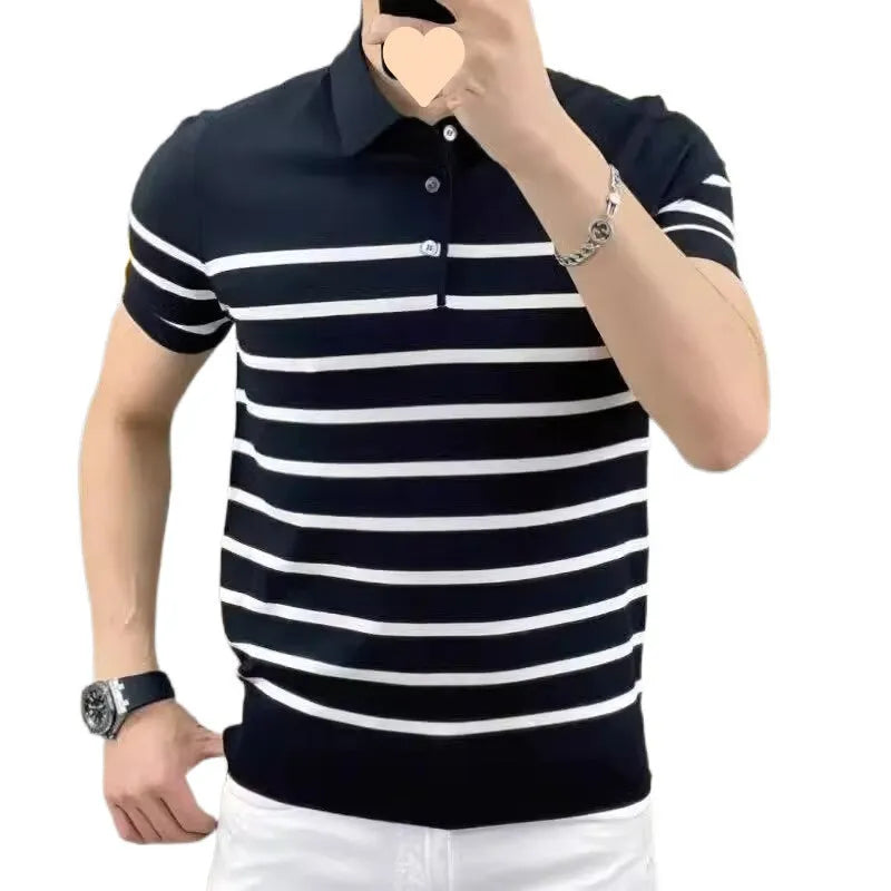 Men's black striped lapel knitted pullover t-shirt on white background