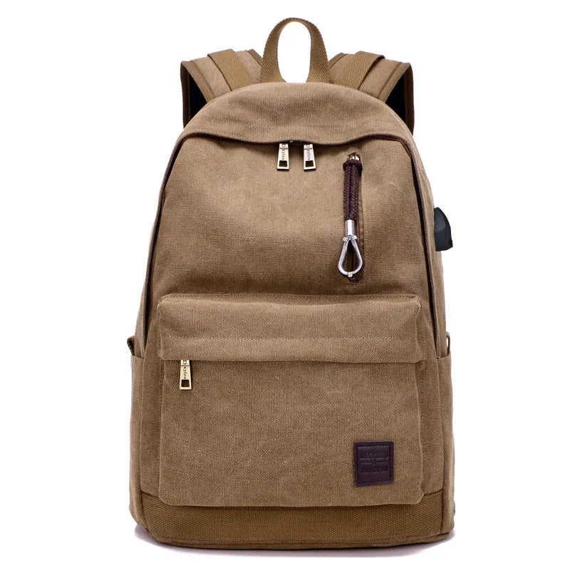 Canvas shoulder backpack with USB charging port in coffee colour showing computer pocket and main compartment