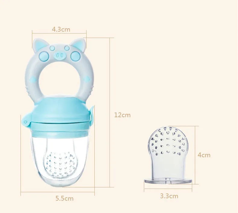 Silicone baby teether chew toy in blue, green, and pink colours showing textured surfaces