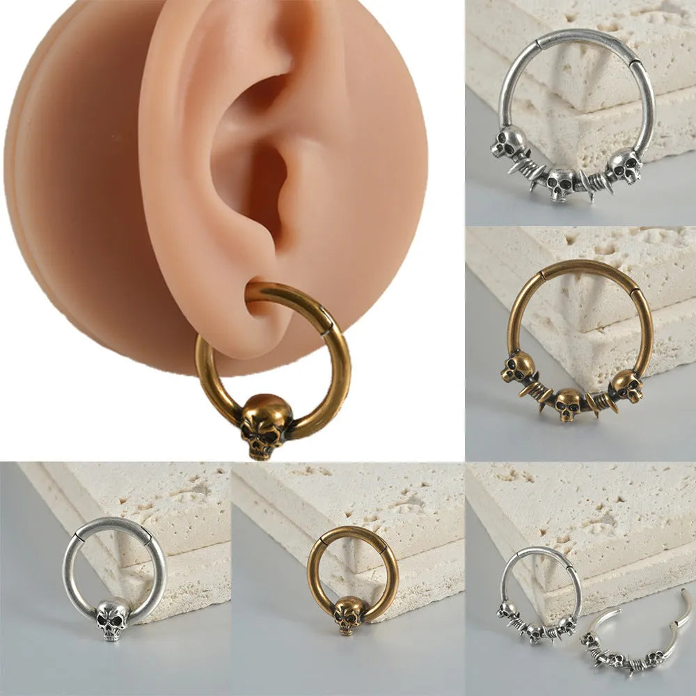 Copper vintage punk earrings with ghost head charms in antique silver or ancient gold finish.