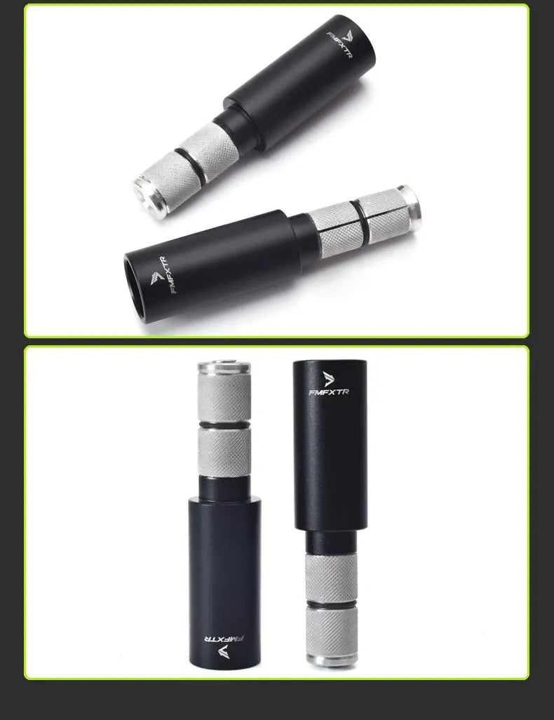 Pair of silver aluminium alloy folding bicycle handlebar extension rods showing extended and folded positions.